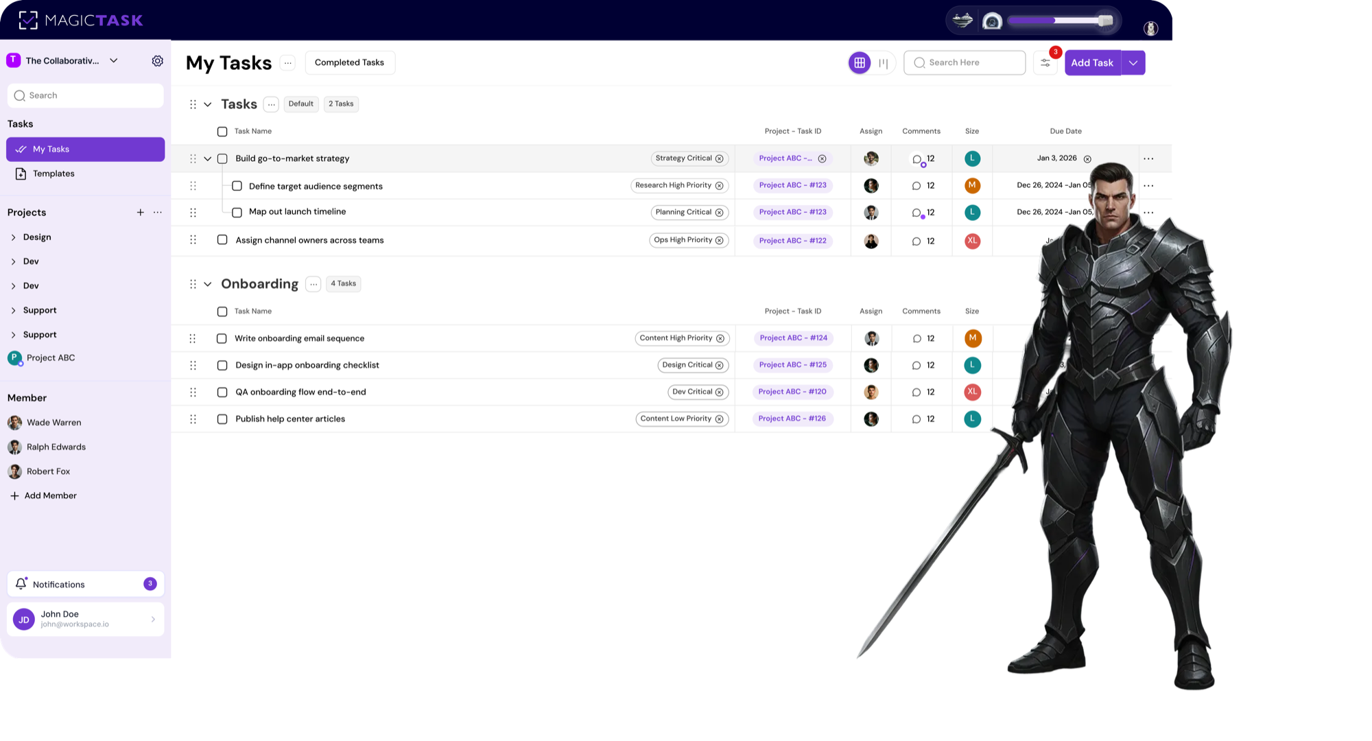 MagicTask dashboard with a dungeon character