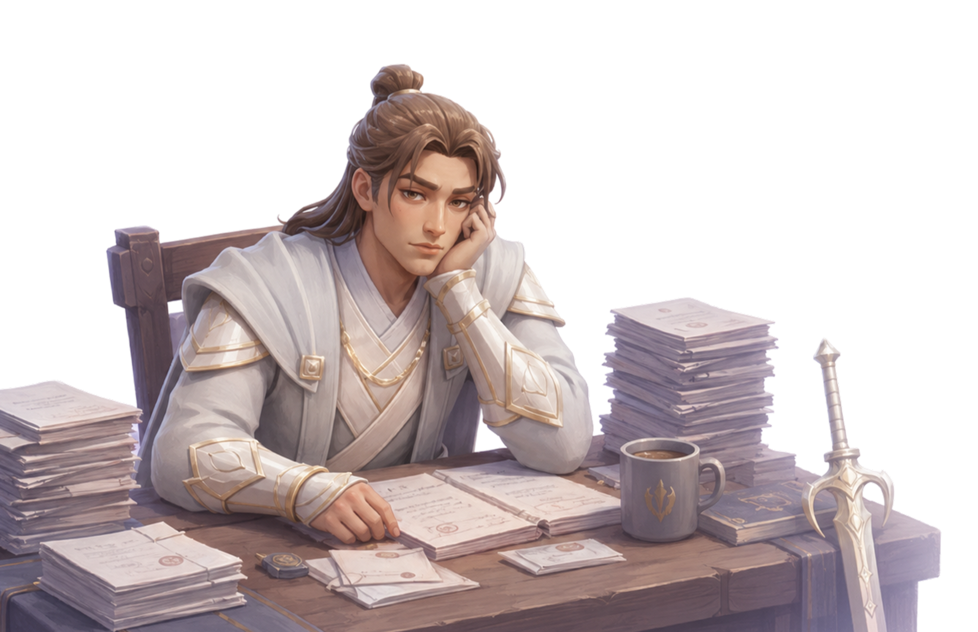 A tired team lead surrounded by paperwork