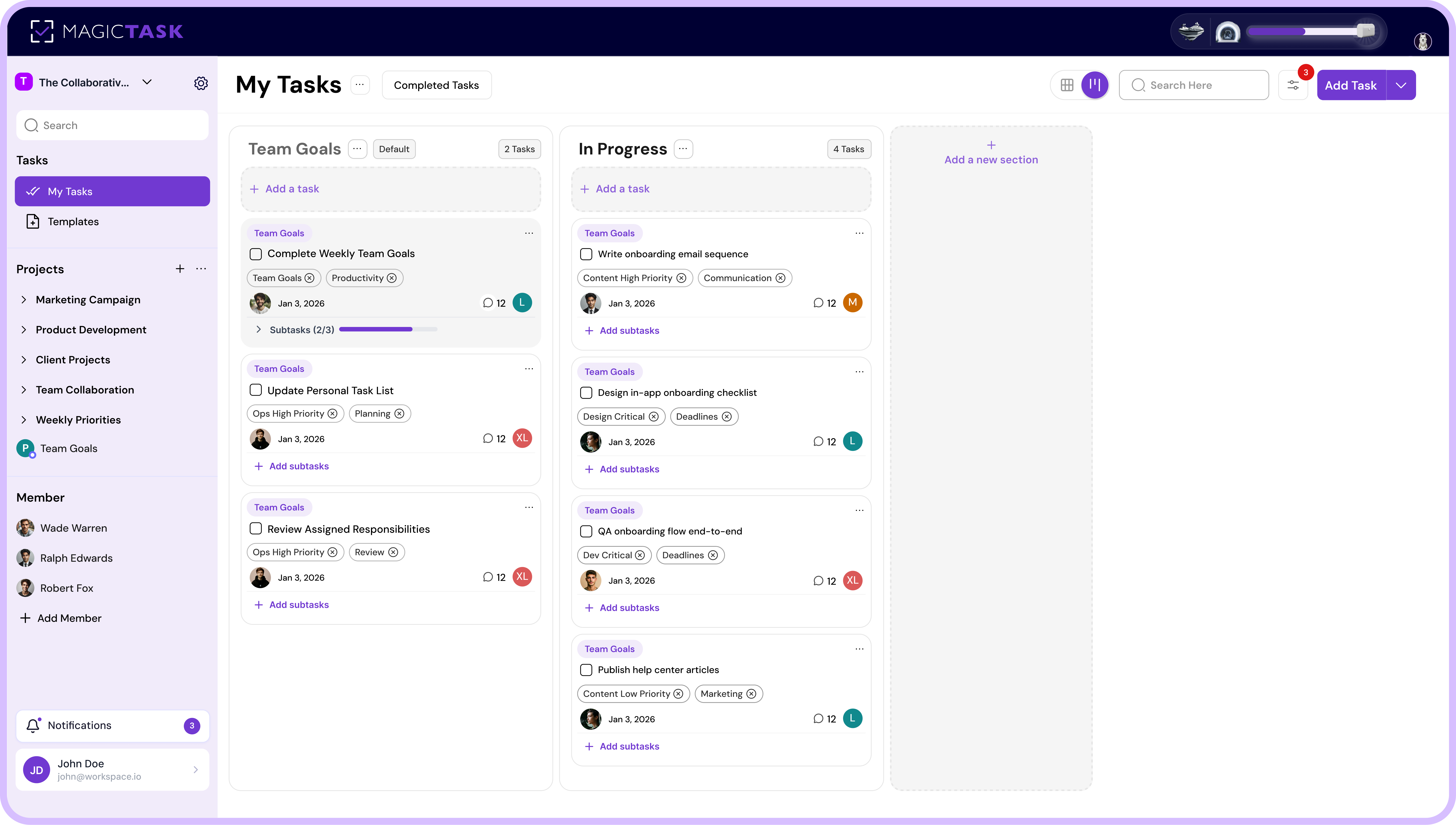 MagicTask task dashboard for team members