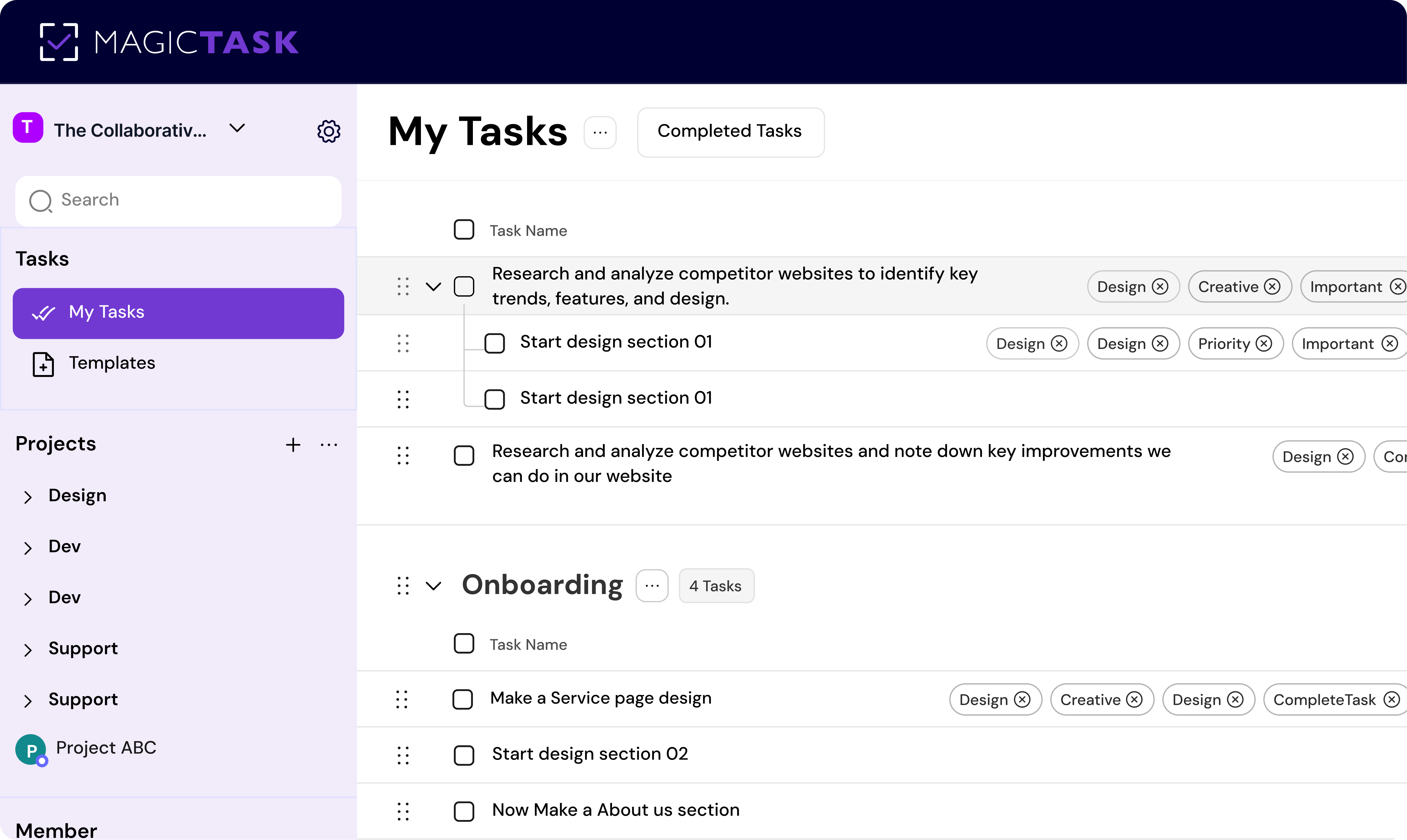 MagicTask workspace dashboard