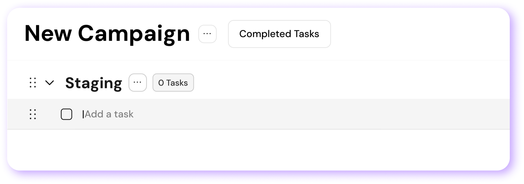 New Campaign workspace with a Staging section ready for tasks