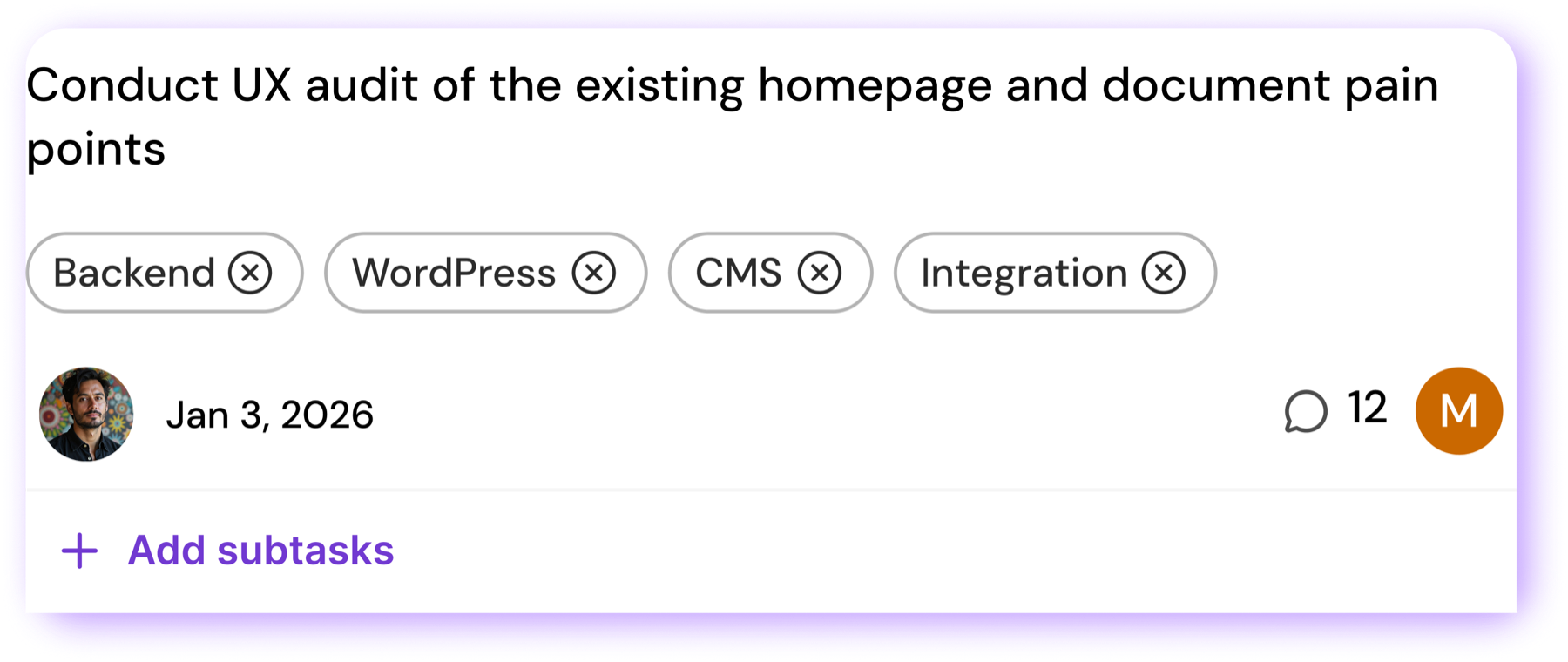Task with project tags, owner, due date, comments, and subtasks