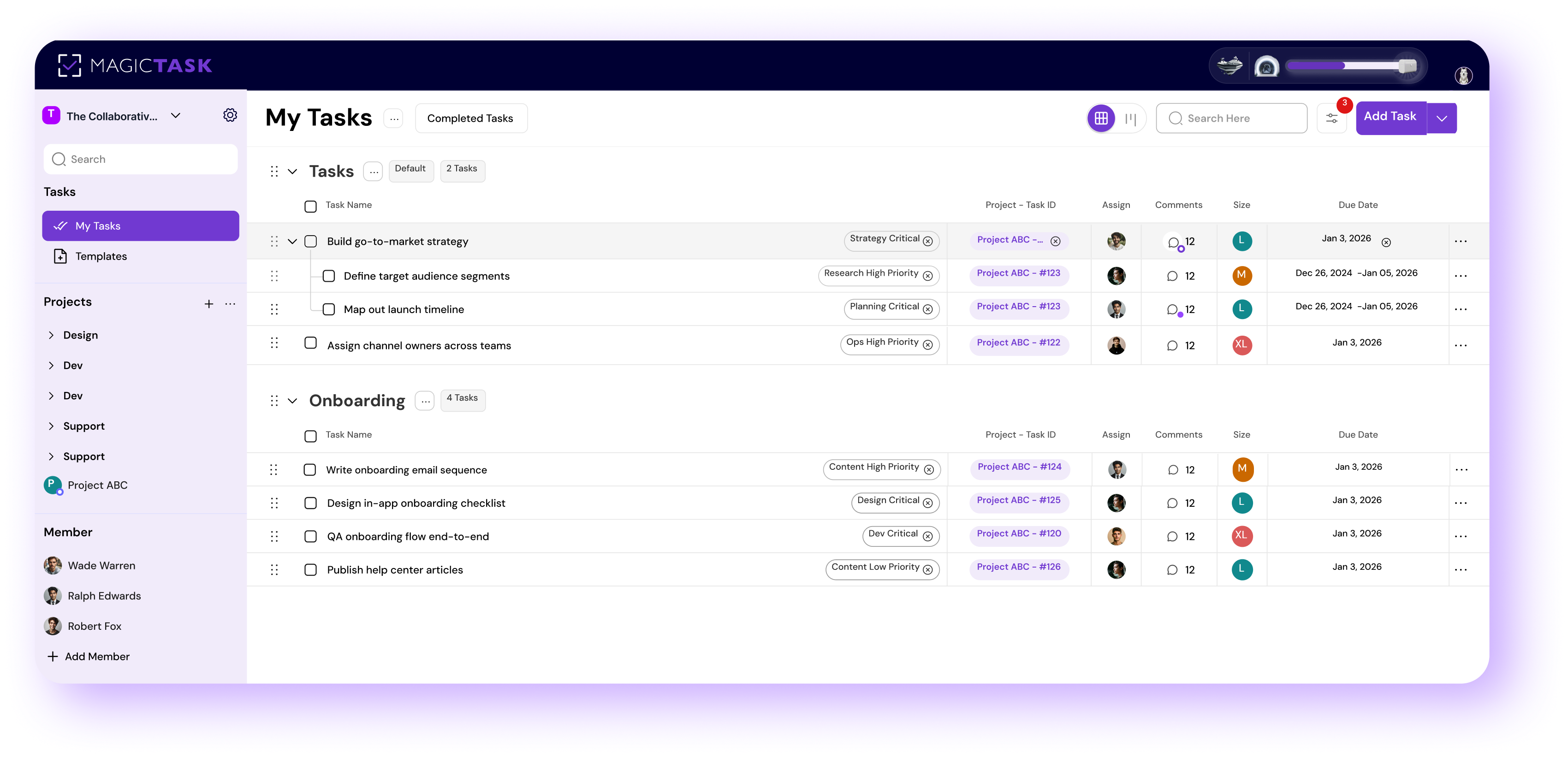 MagicTask shared team workspace dashboard