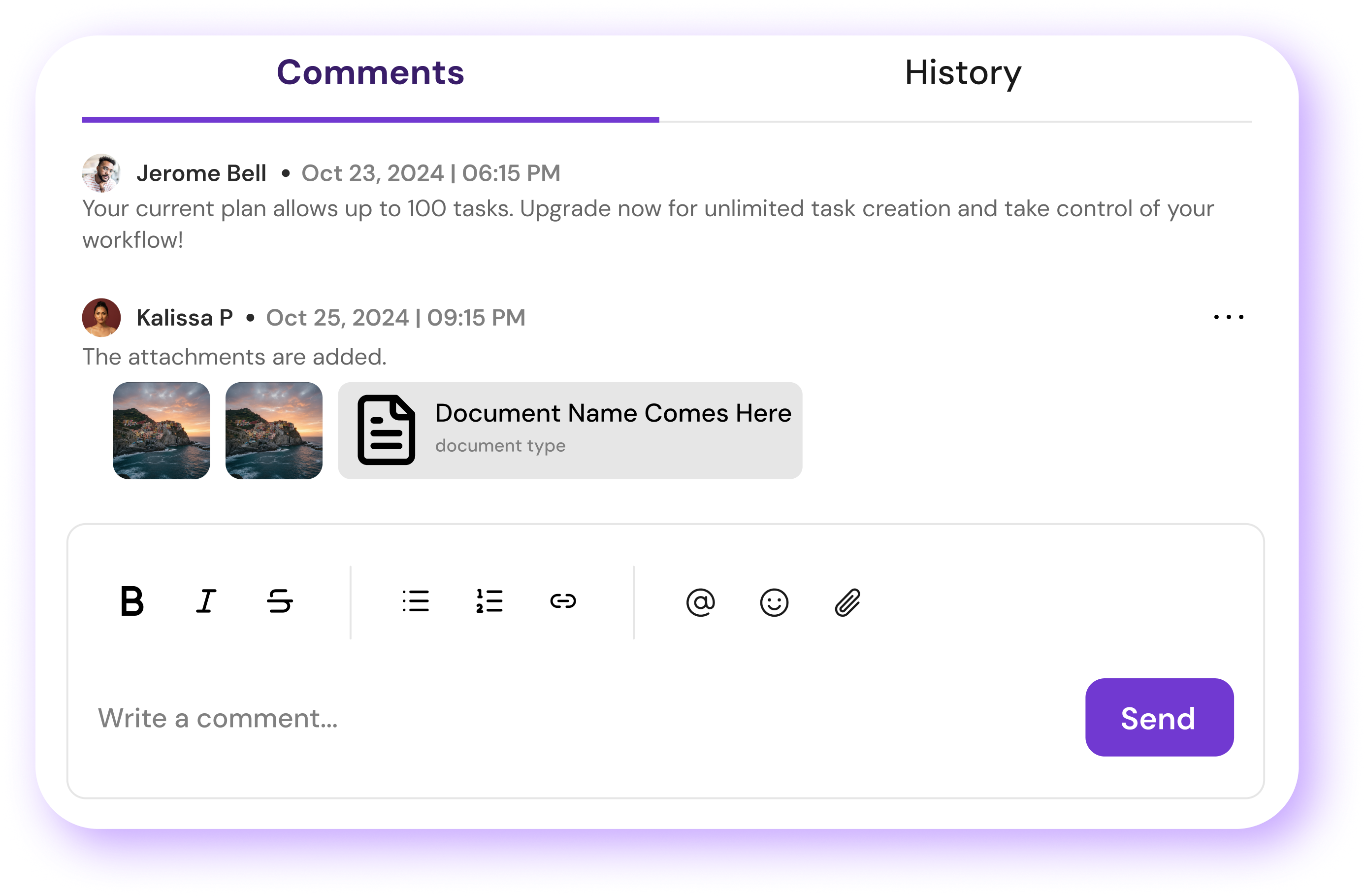 Task comments and history panel with files and feedback