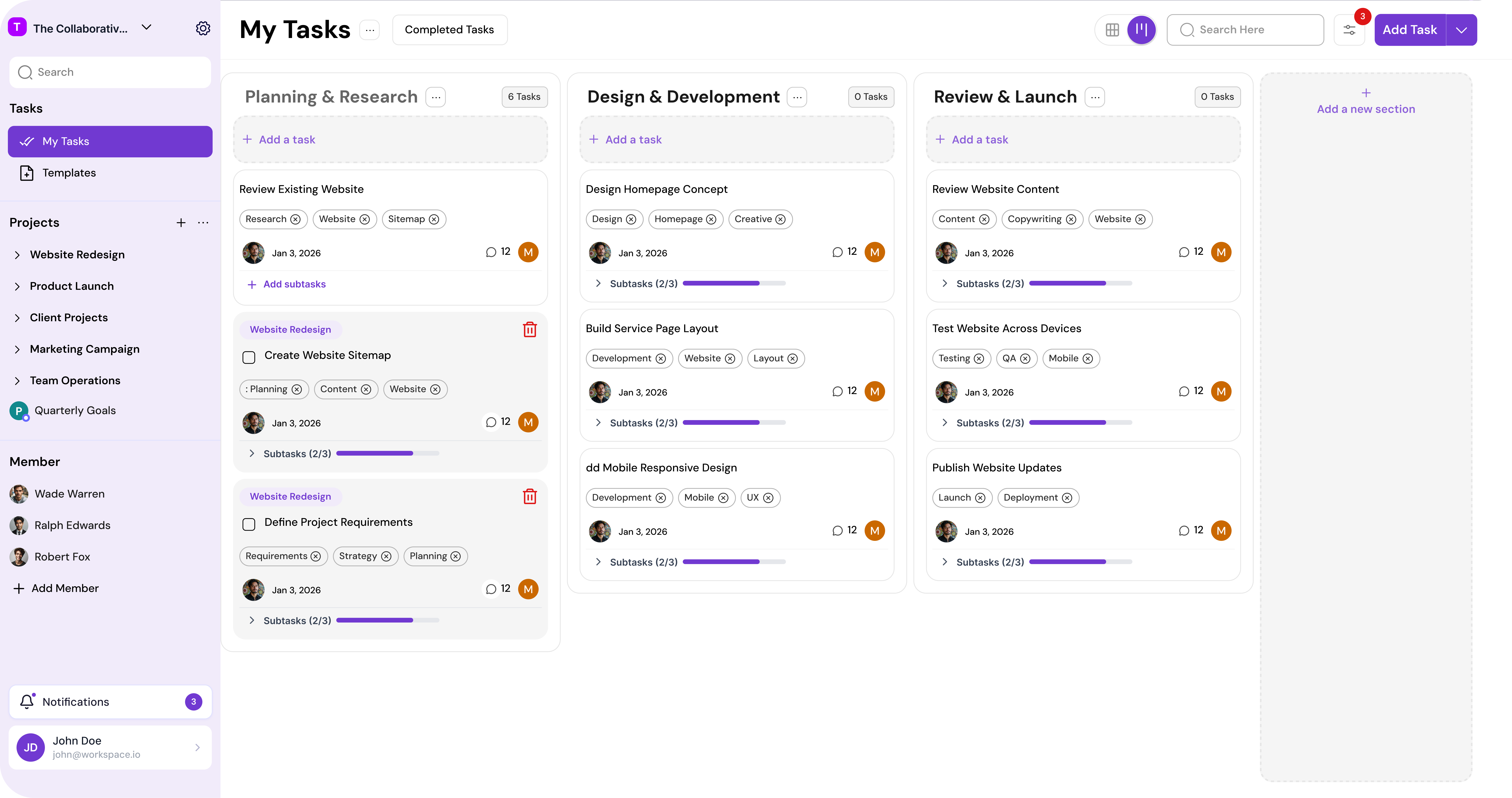 Project and task management board with planning, development, and launch columns