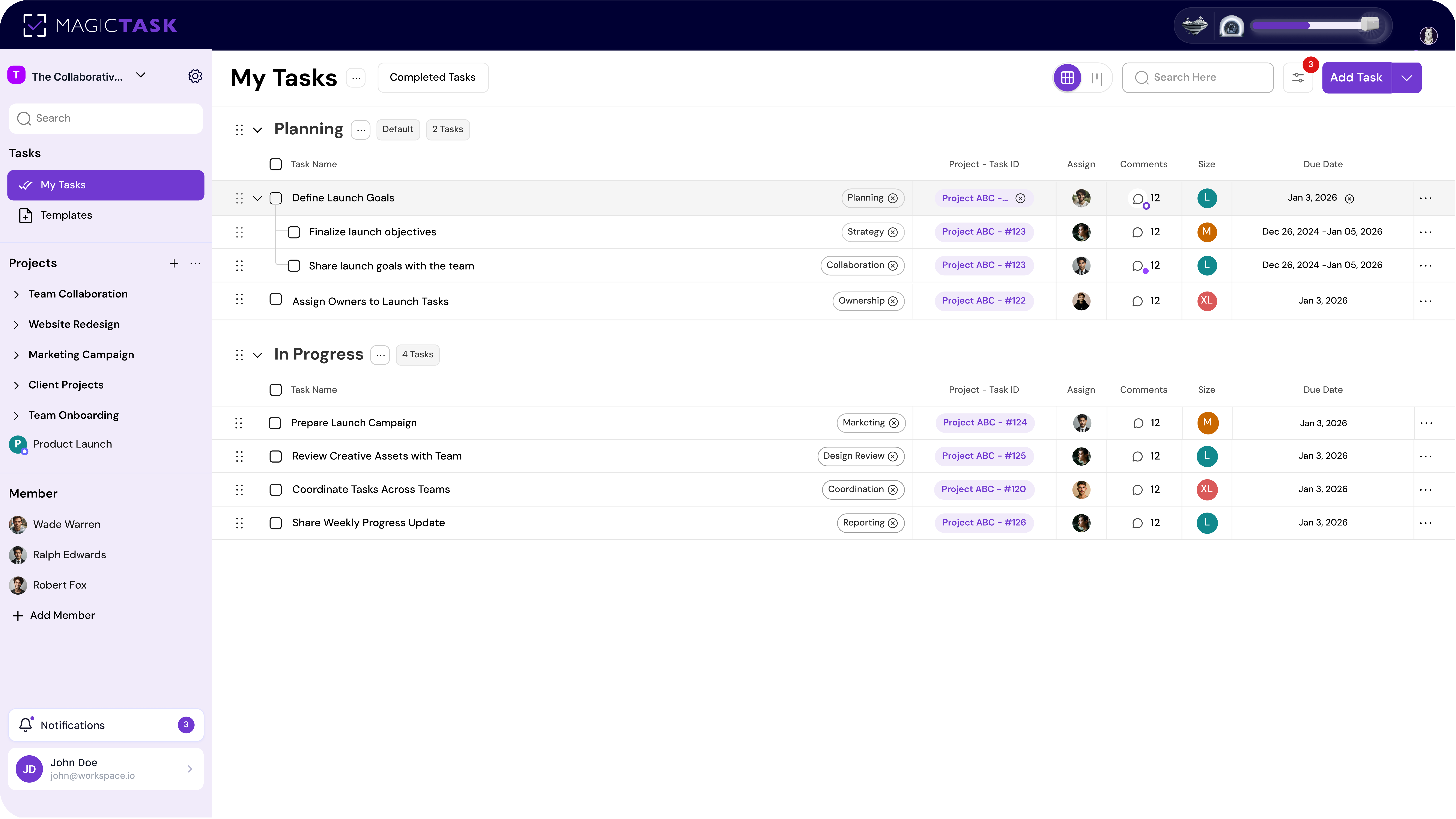 Team collaboration workspace with project tasks and progress