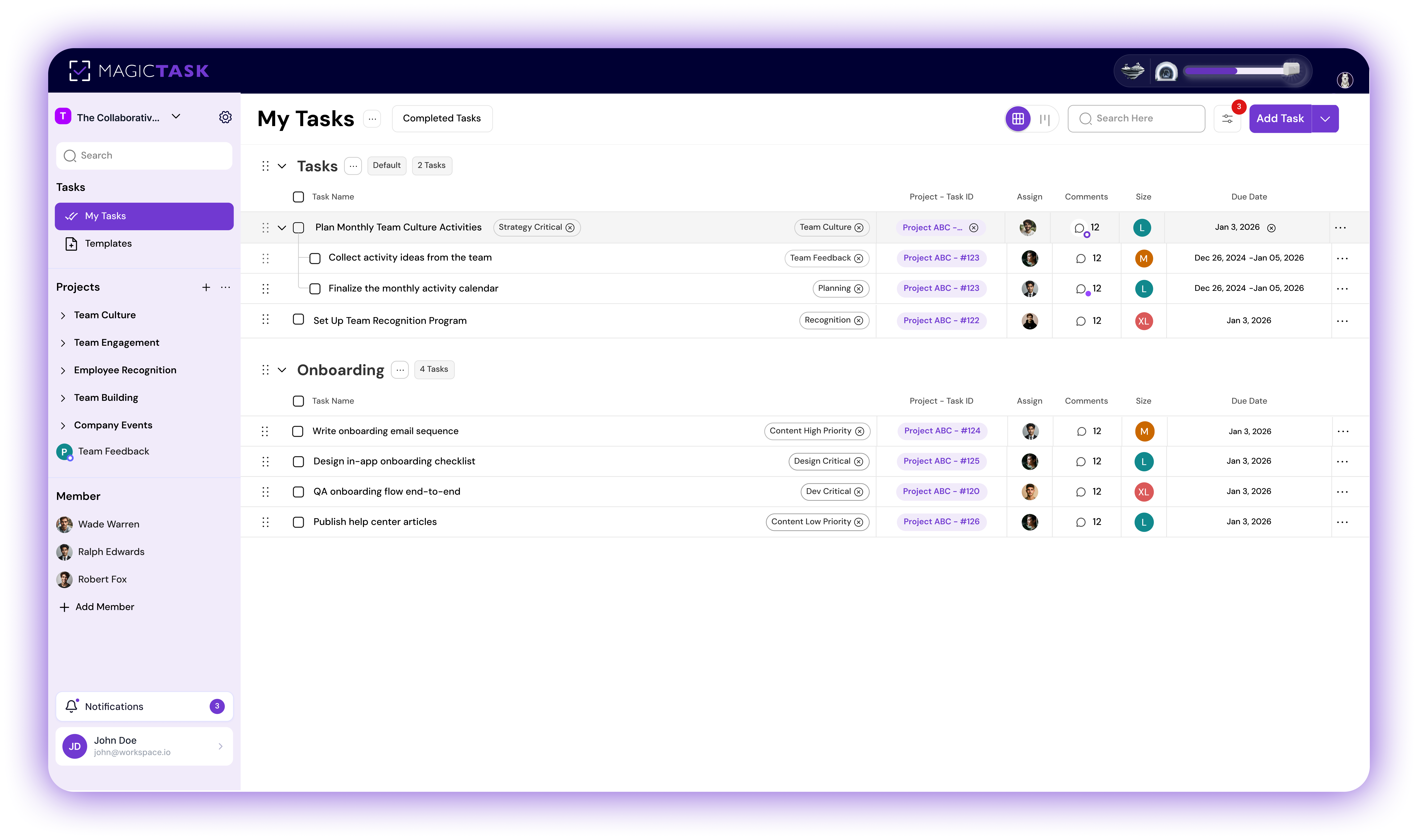 MagicTask task list dashboard