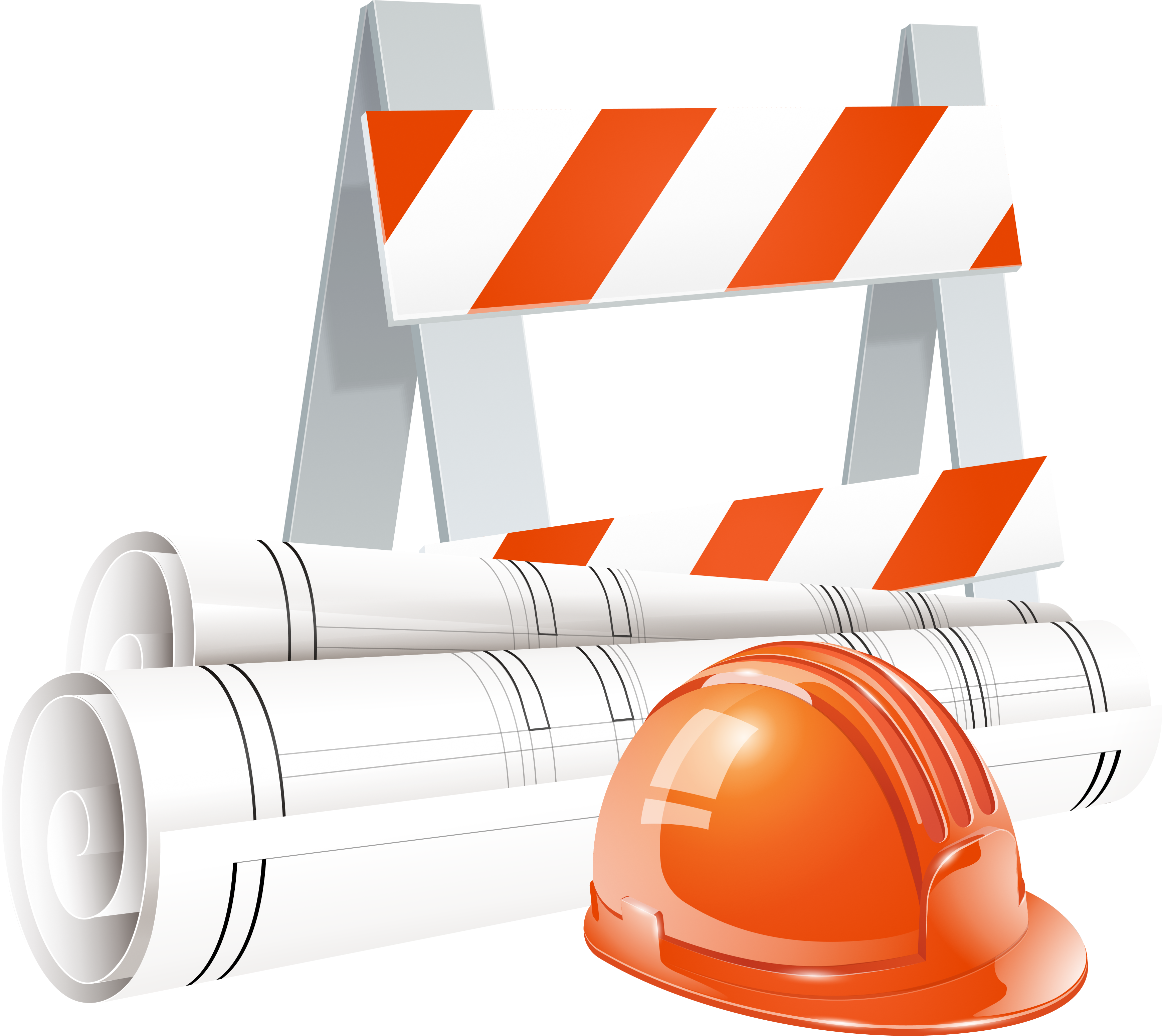 Construction helmet, plans, and barricade