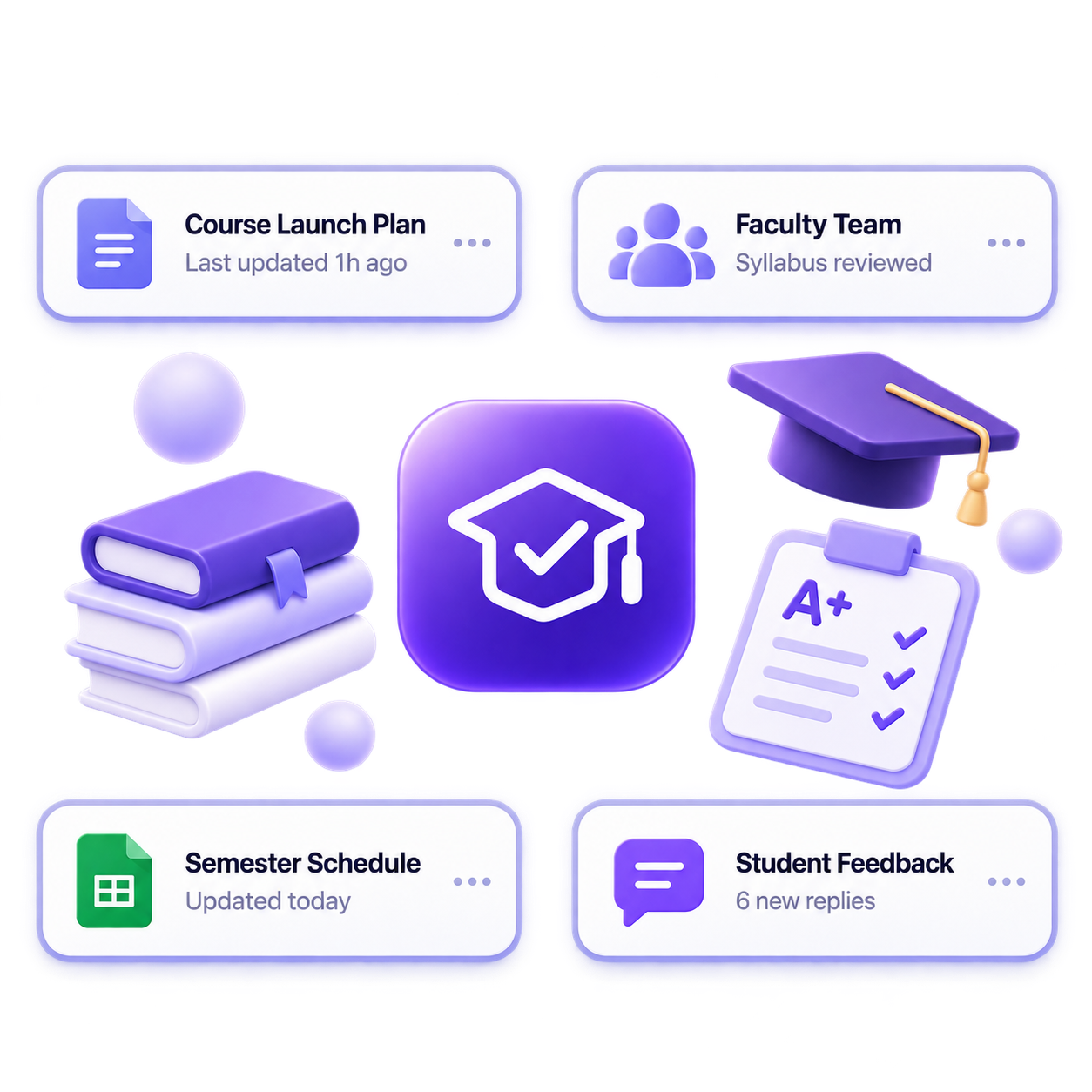 Education course plan, faculty team, books, graduation cap, checklist, and student feedback