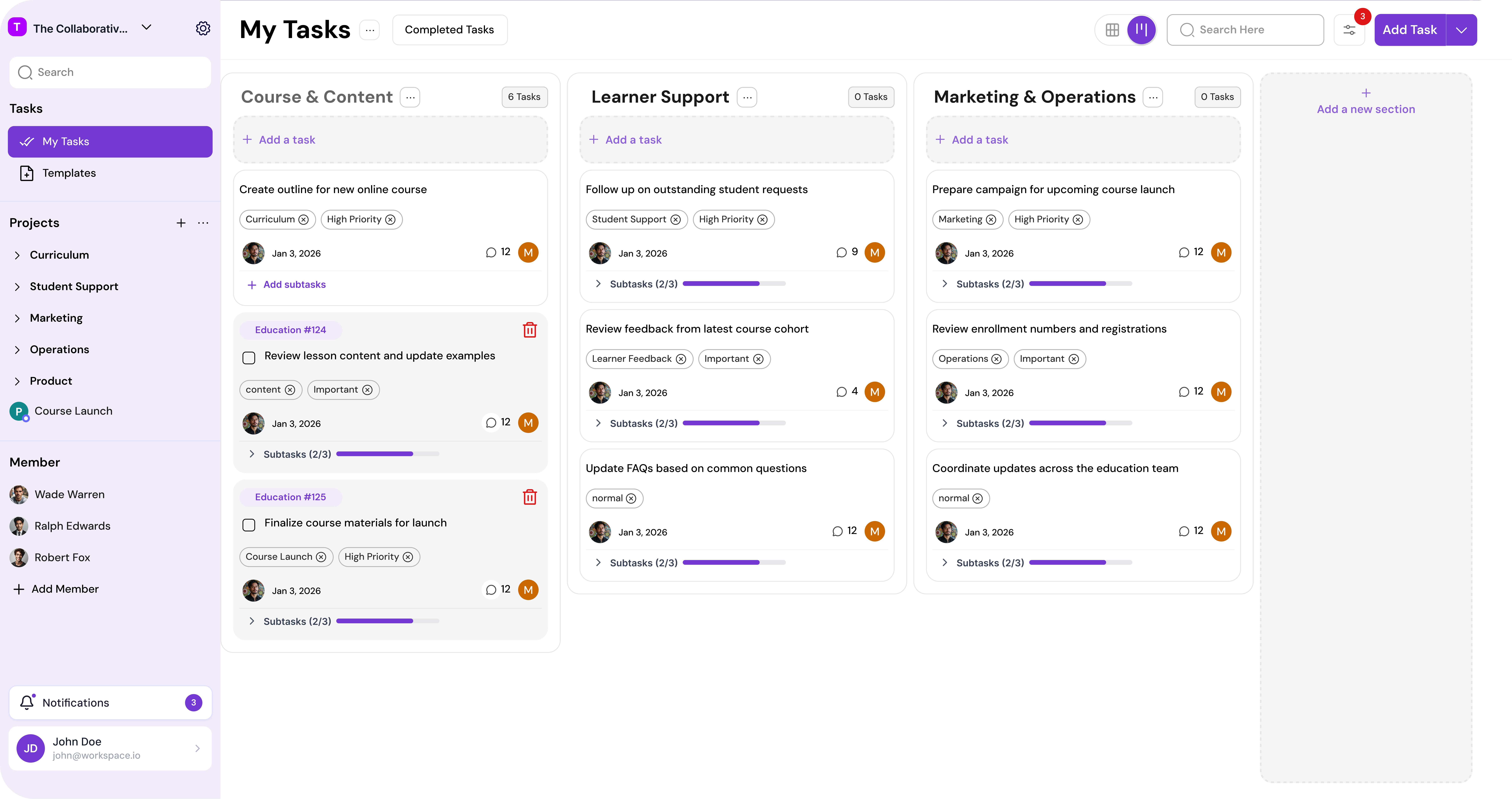 MagicTask workspace showing school and campus team projects
