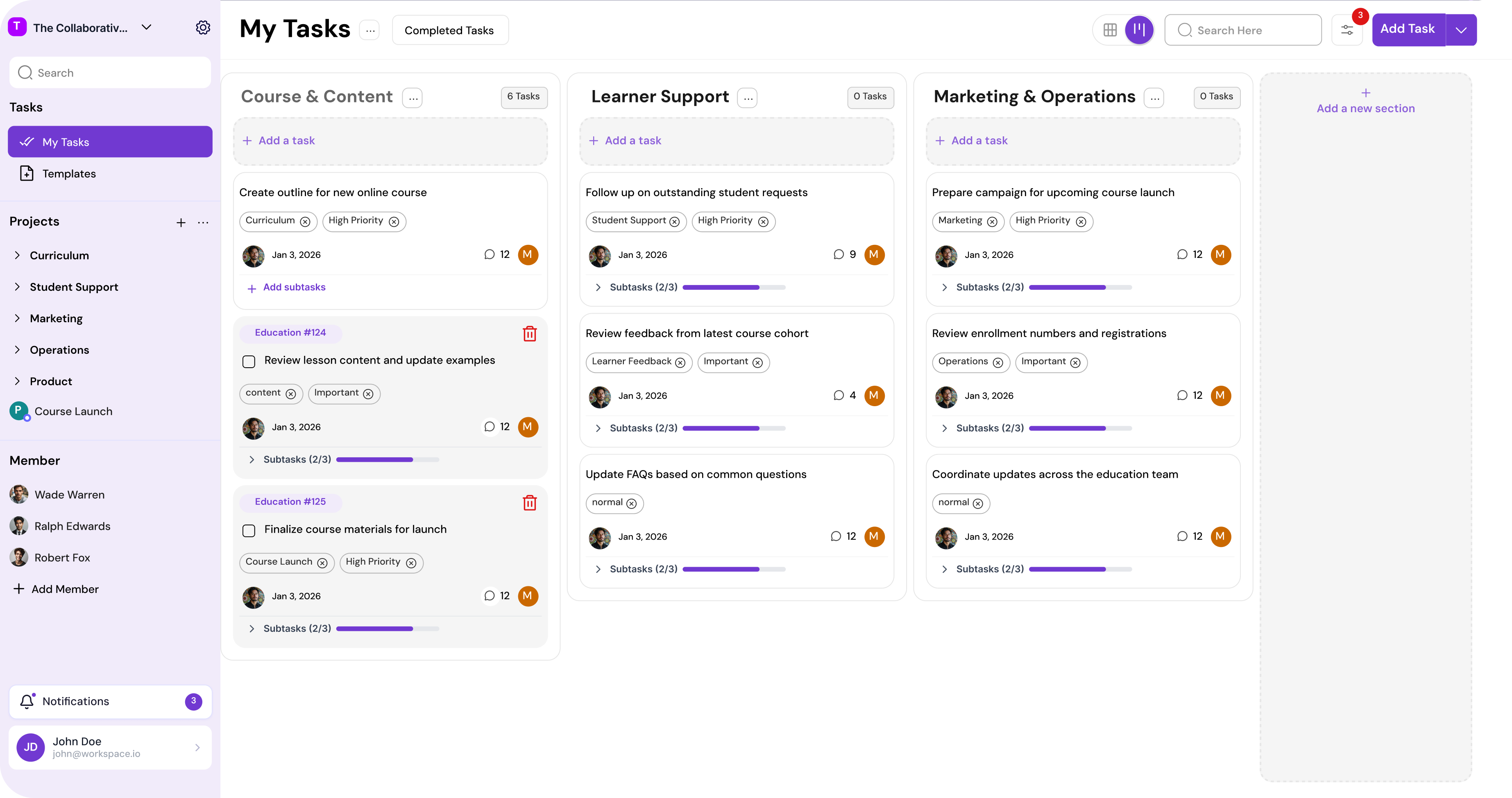 MagicTask board showing education work across course, learner support, and marketing streams