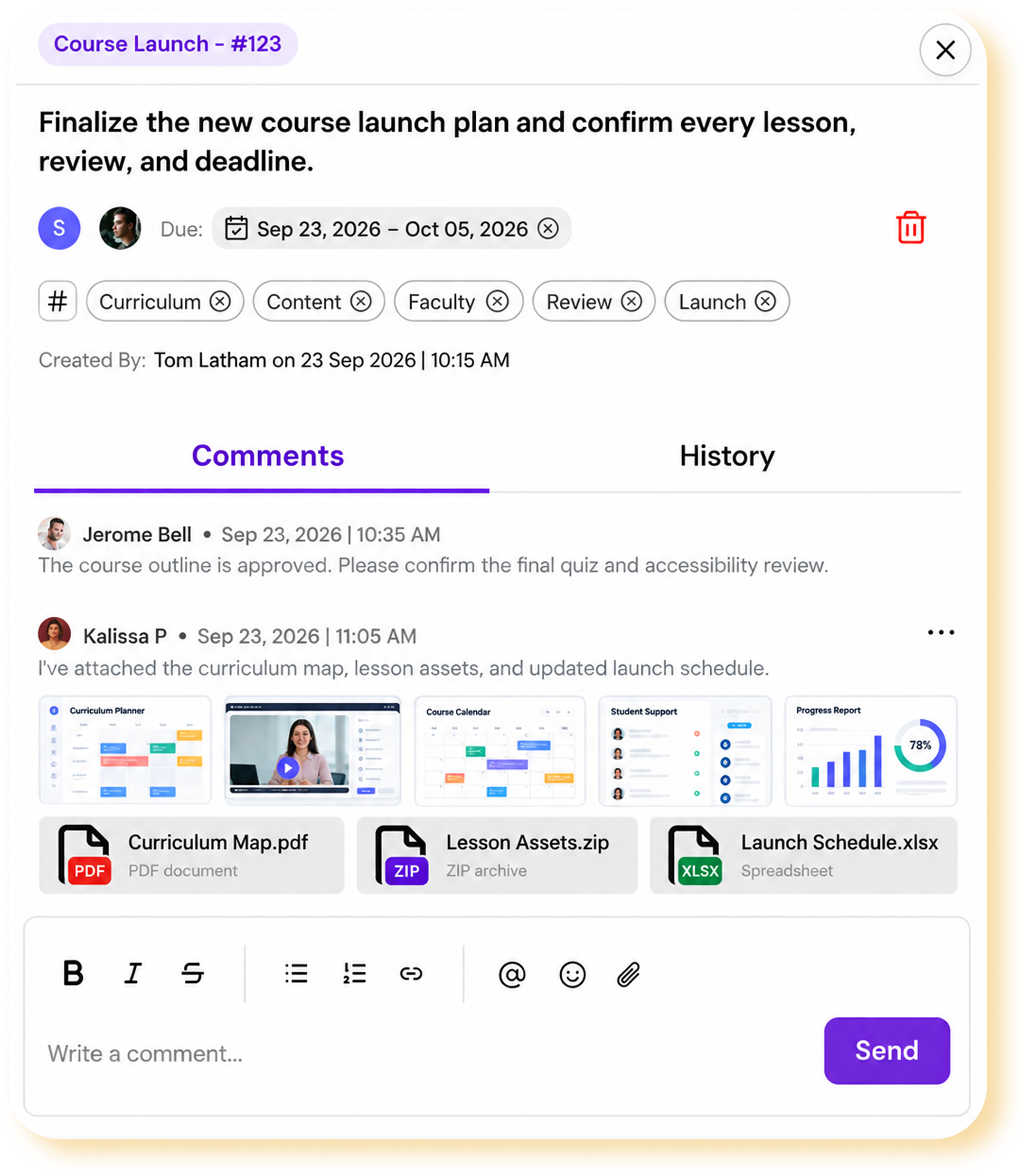 Education task details with comments, history, and attached course files