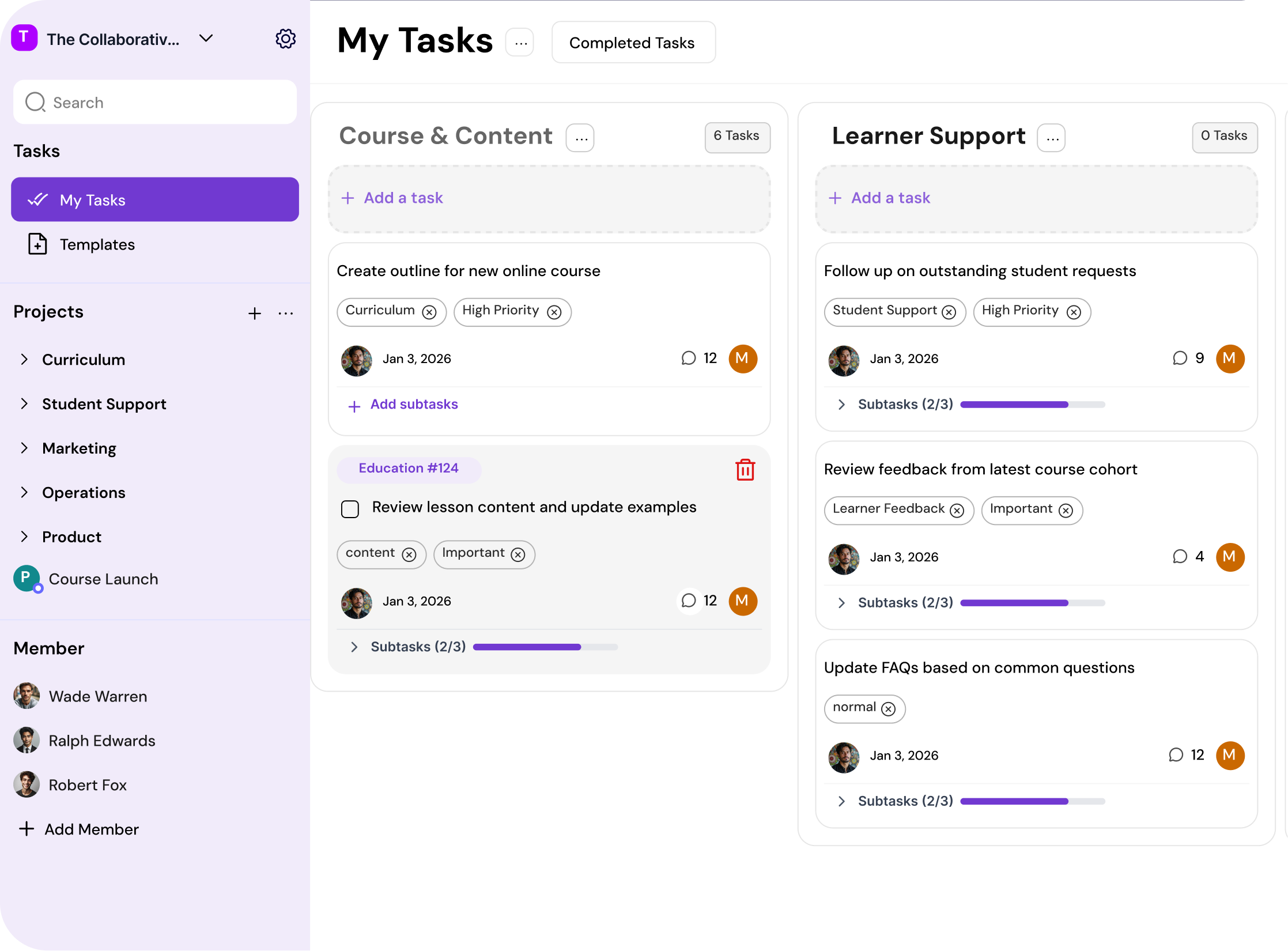 Education team tasks listed in MagicTask