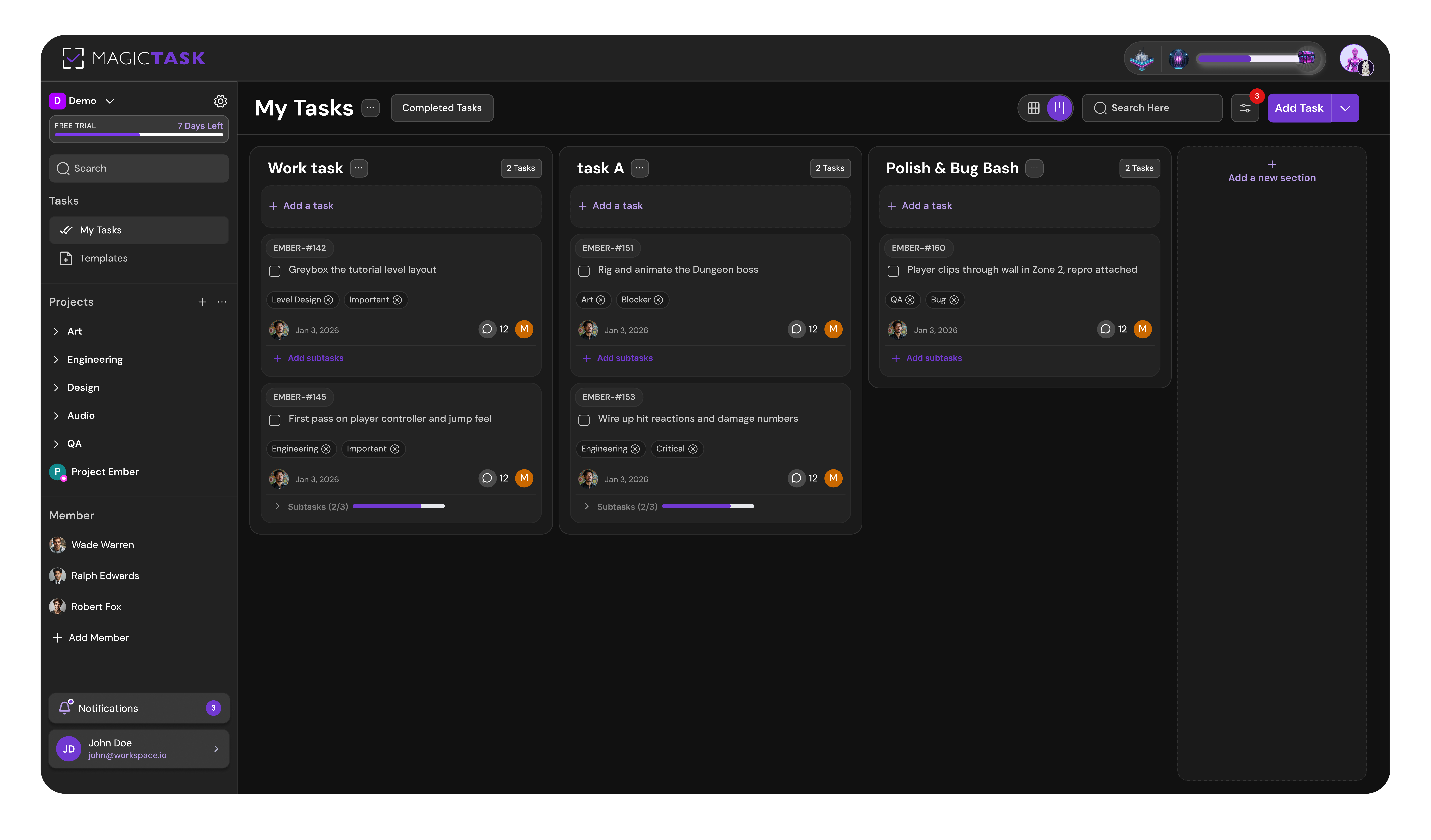MagicTask project dashboard for a game studio