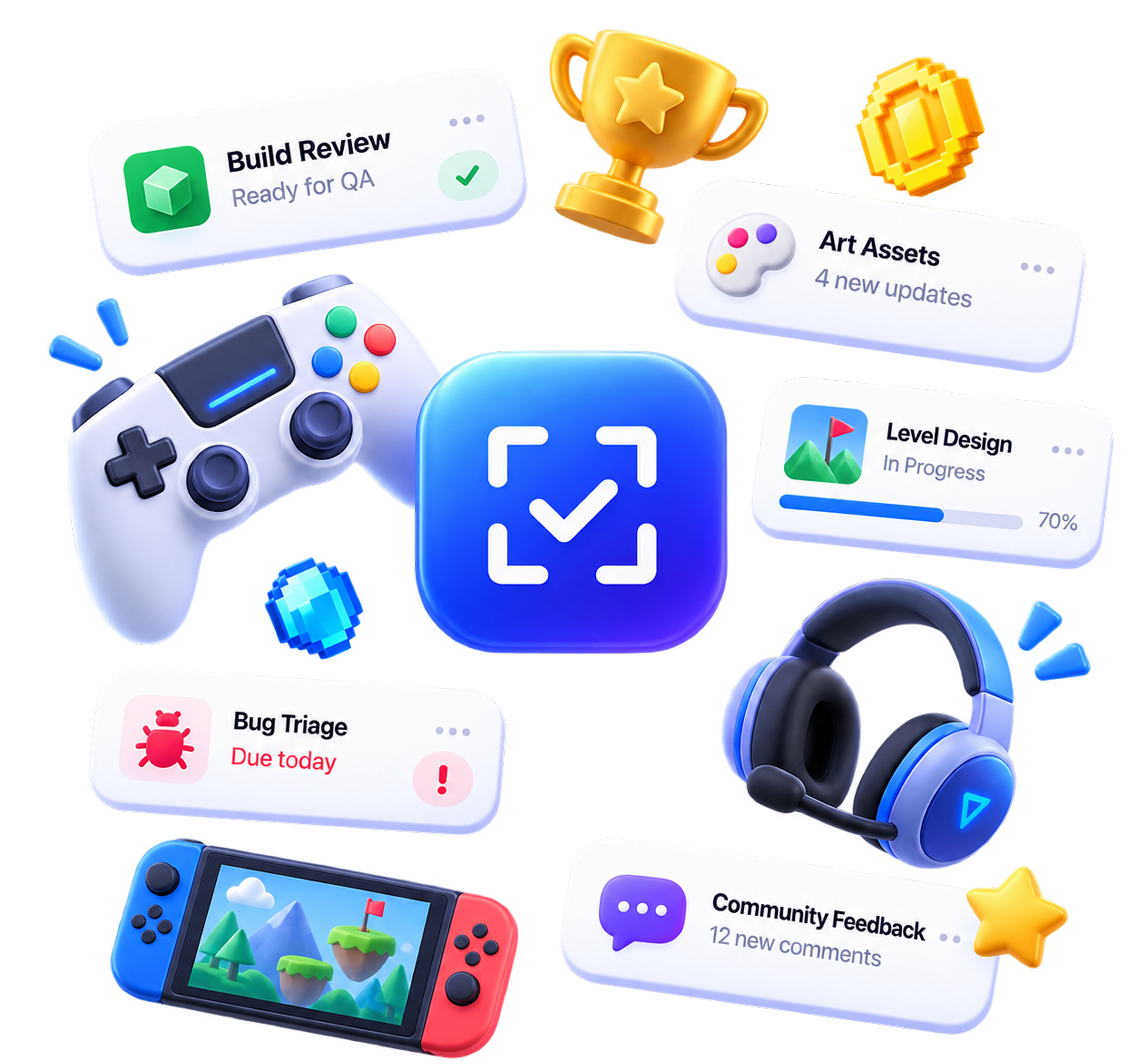 Game development tasks, build review, art assets, bug triage, and community feedback around MagicTask