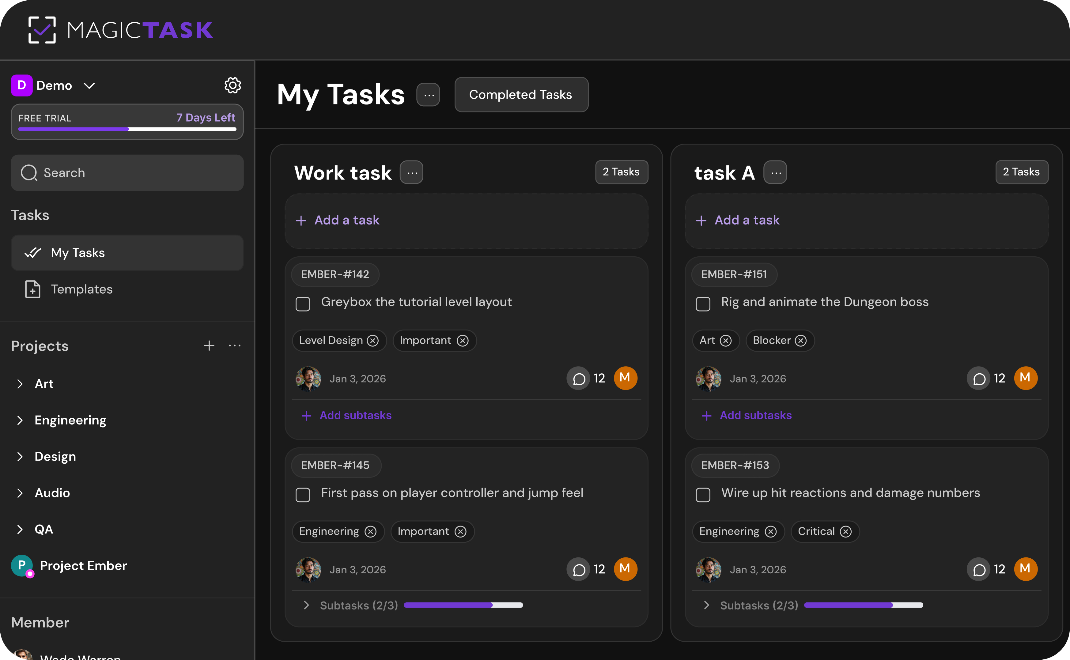 Dark MagicTask task board for a game development team