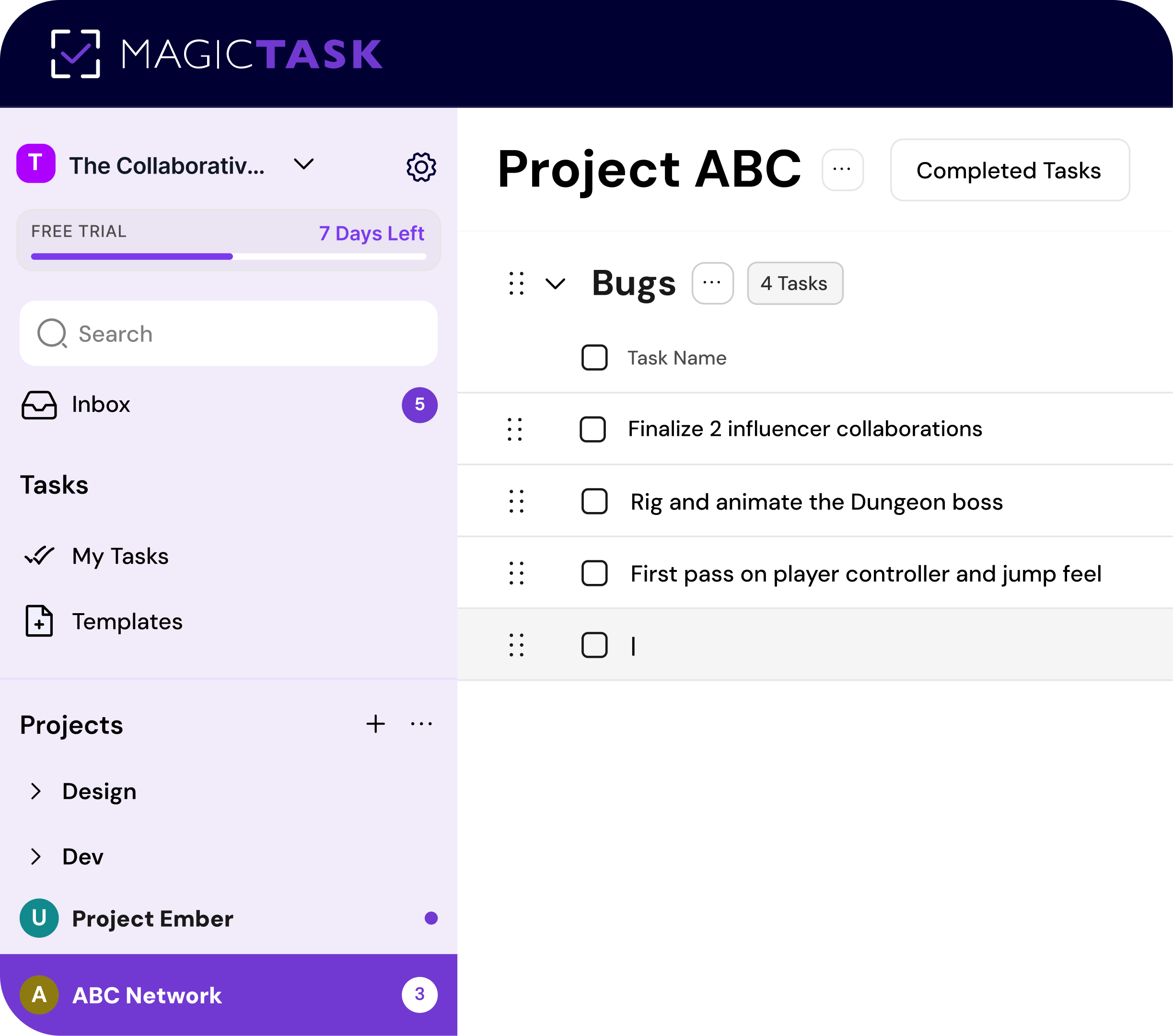 MagicTask project board with an empty section ready for a new task
