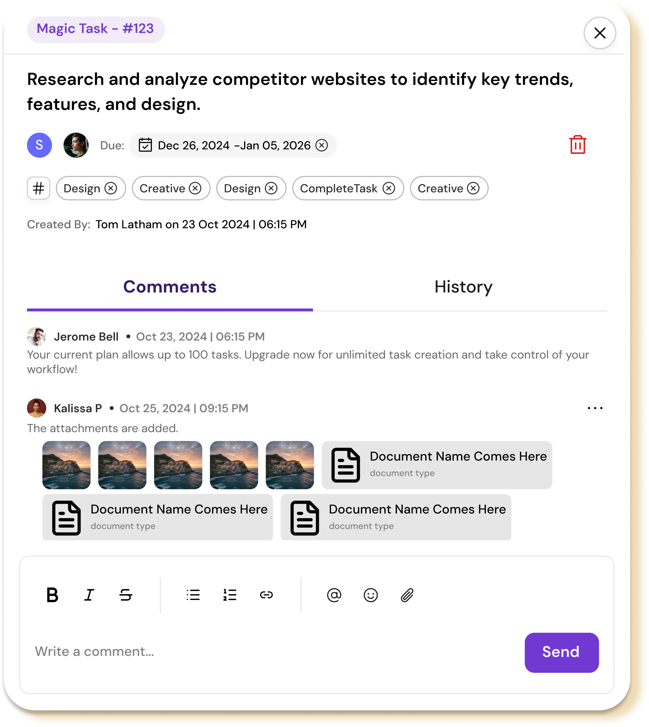 MagicTask task details with build notes, attachments, and comments