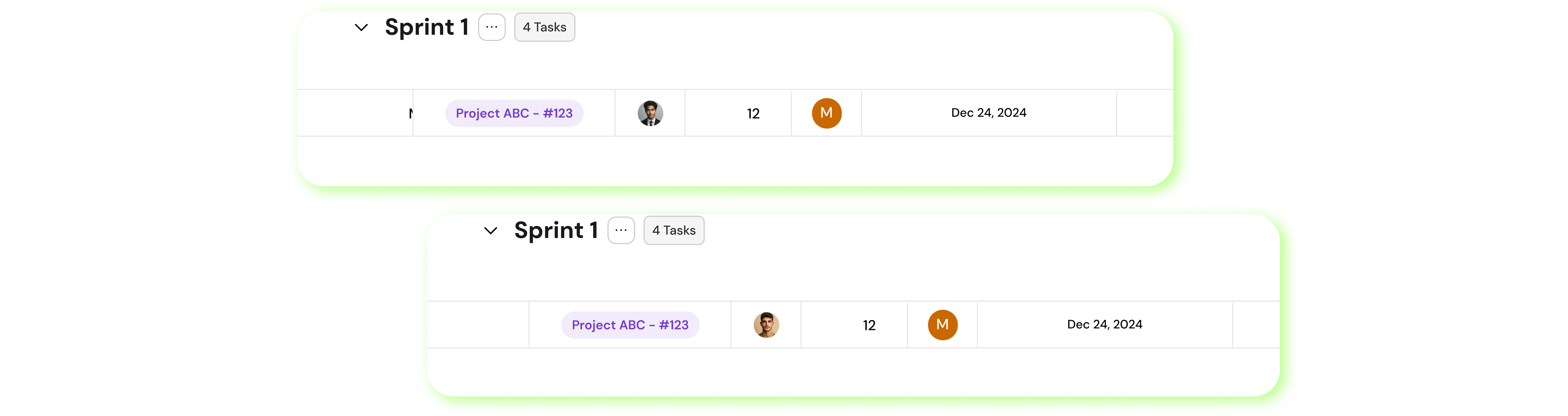 MagicTask sprint task rows with assignees and dates