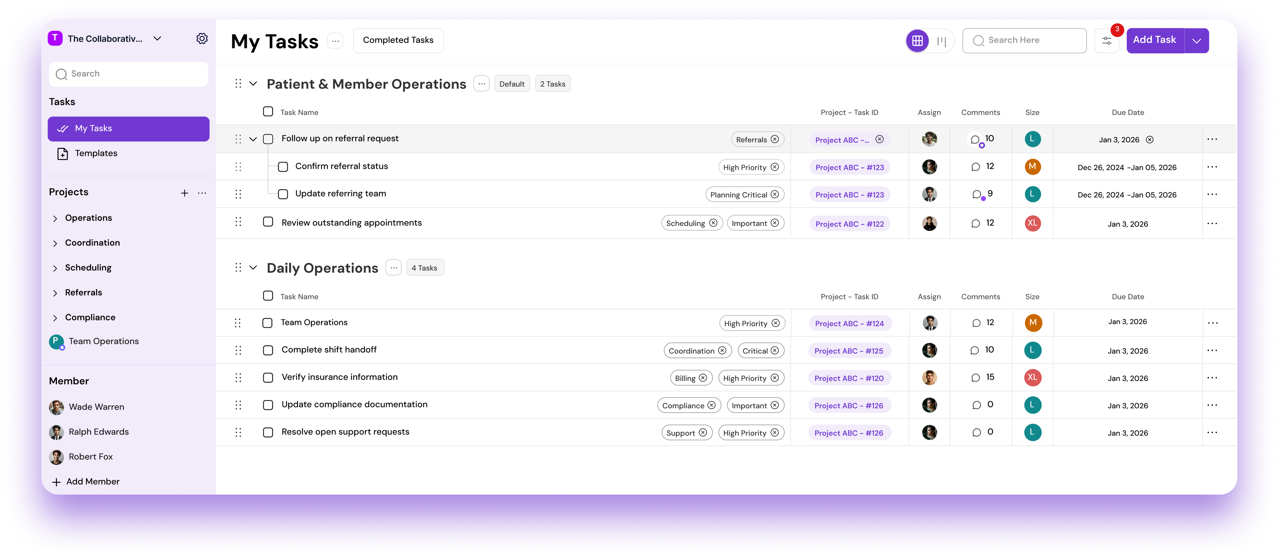 MagicTask healthcare dashboard inside a purple frame
