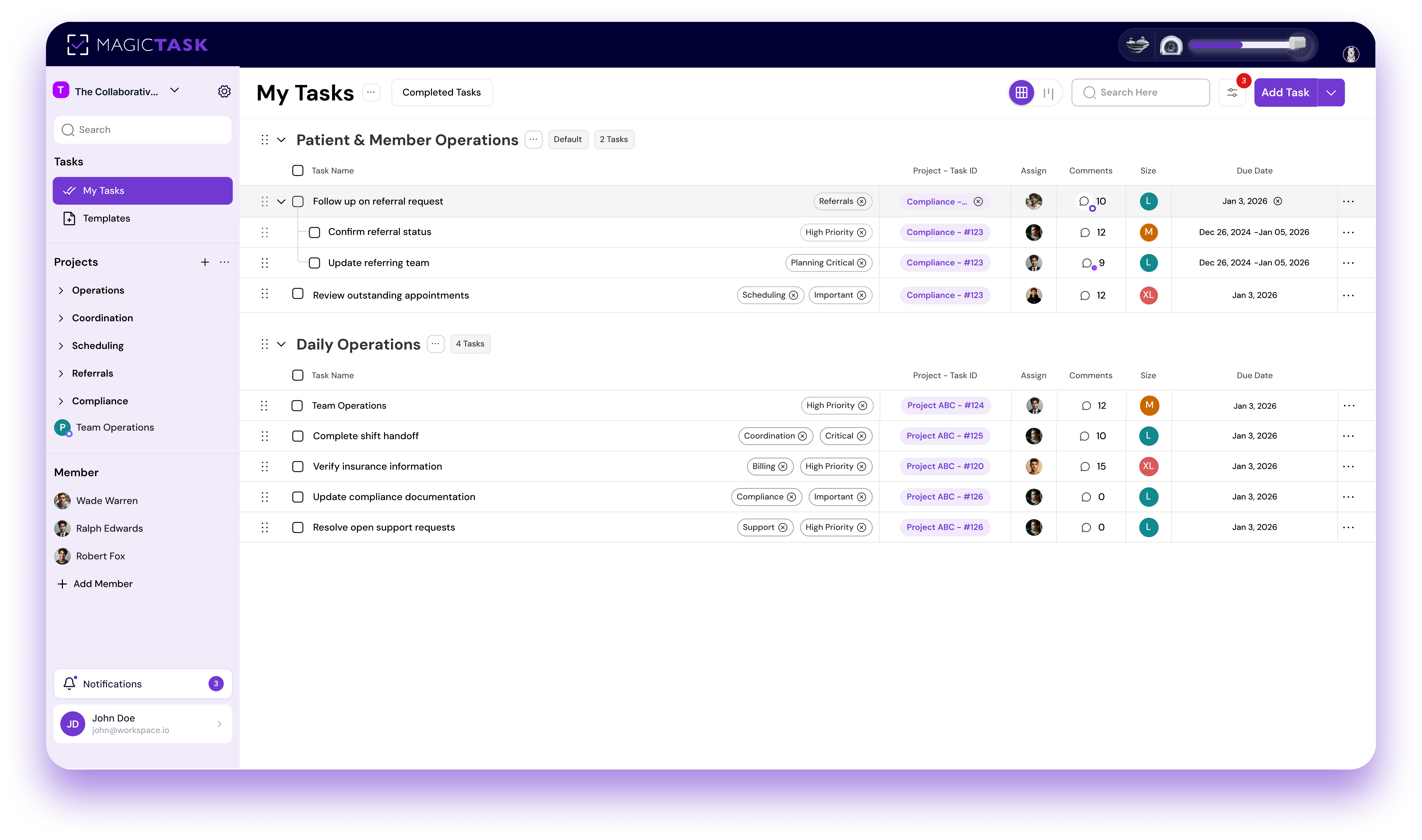 Healthcare operations task dashboard