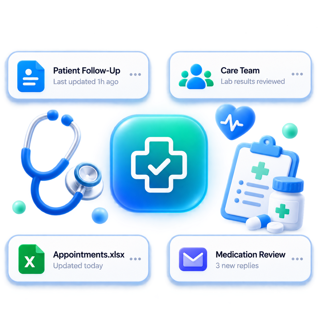 Healthcare follow-up cards, care team, stethoscope, care symbol, clipboard, appointments, and medication review