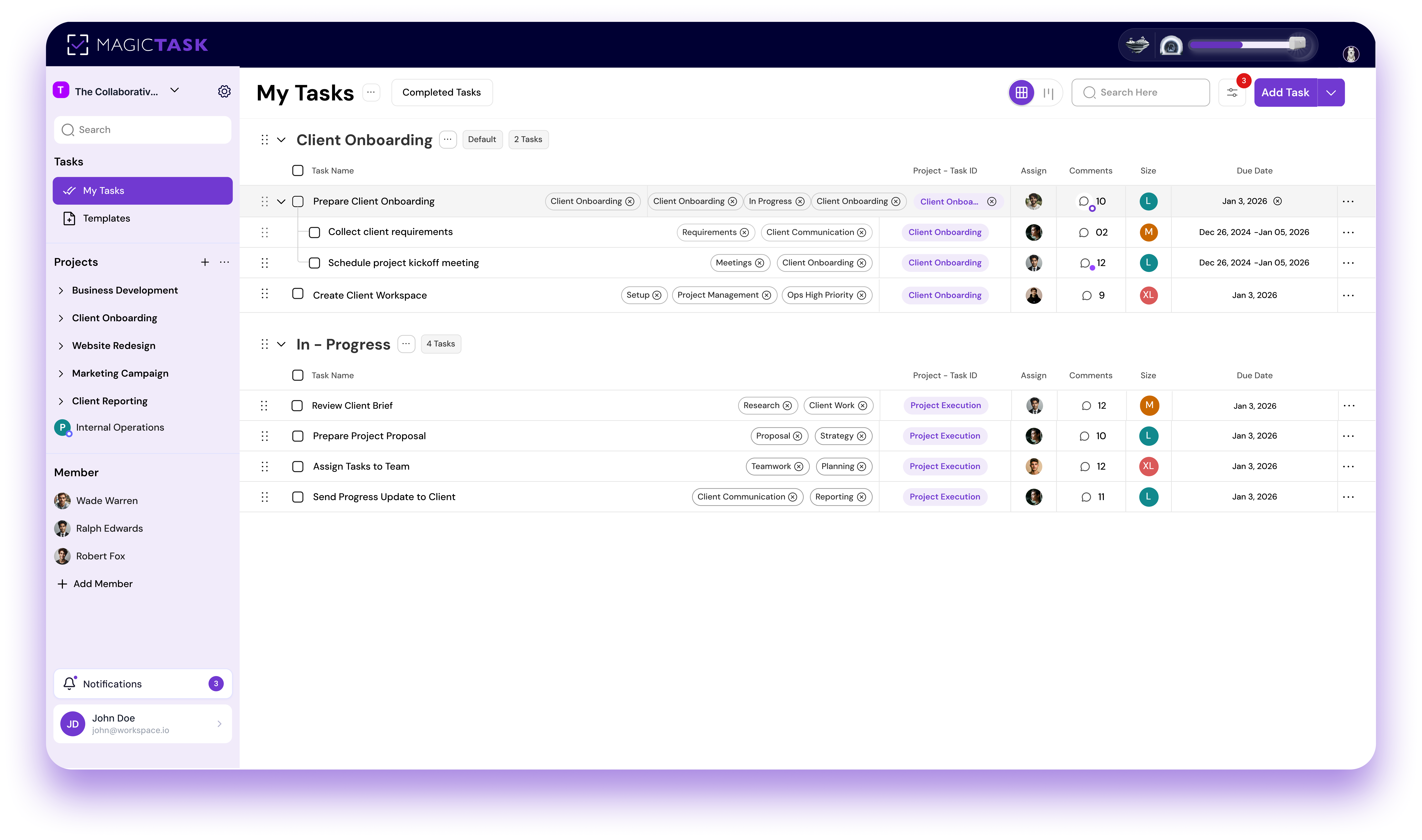 MagicTask workspace showing team projects and client work