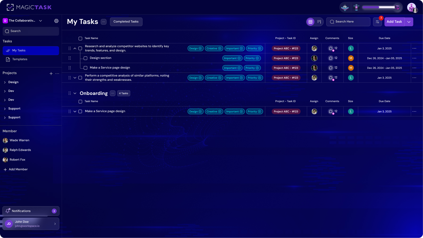 MagicTask project dashboard